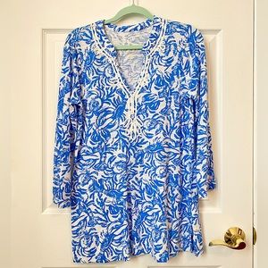 Lilly Pulitzer Kaia Tunic Blue & White Lobster 'On A Roll' EUC Size Medium